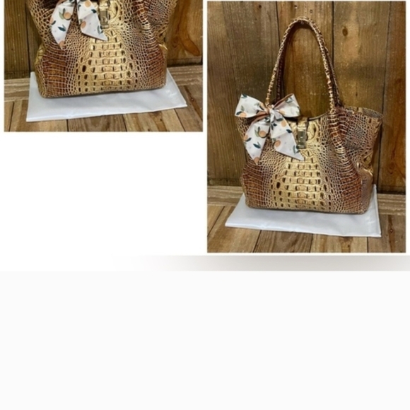 Gold Croc-Embossed Tote Bag with Decorative Bow BRAHMIN  Mallory Tote FIRM PRICE - Picture 2 of 15